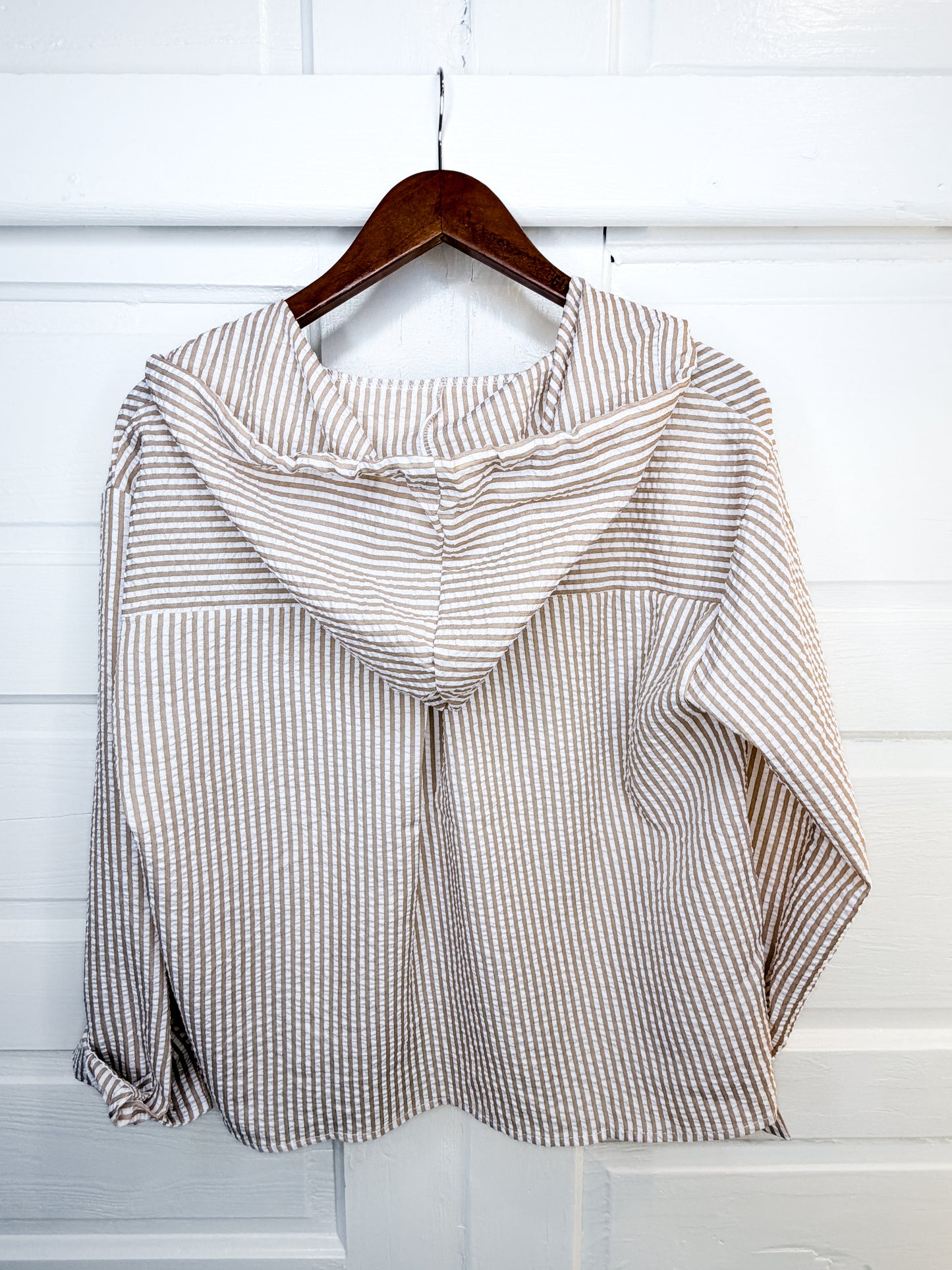 Beach Breeze Seersucker Button Down Hoodie Top