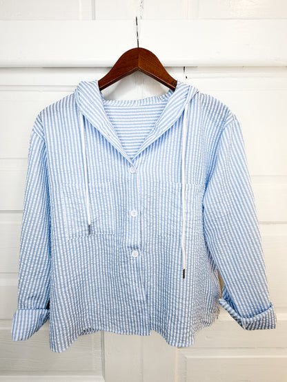 Beach Breeze Seersucker Button Down Hoodie Top
