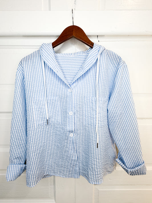 Beach Breeze Seersucker Button Down Hoodie Top