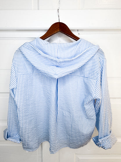 Beach Breeze Seersucker Button Down Hoodie Top