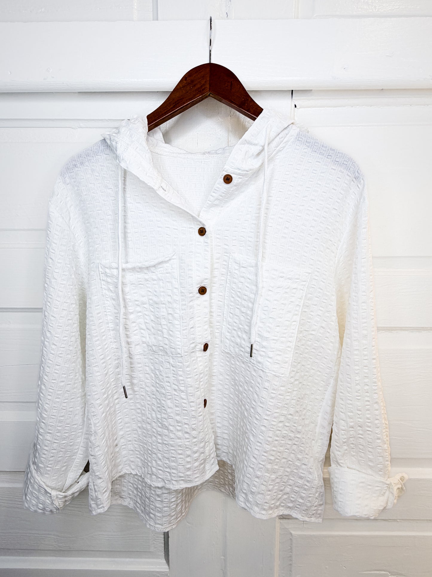 Beach Breeze Seersucker Button Down Hoodie Top