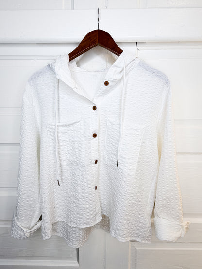 Beach Breeze Seersucker Button Down Hoodie Top
