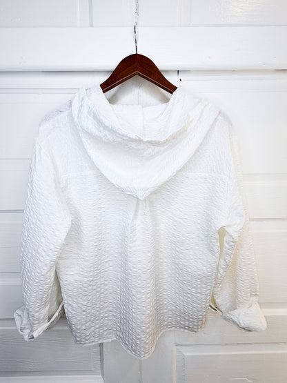 Beach Breeze Seersucker Button Down Hoodie Top