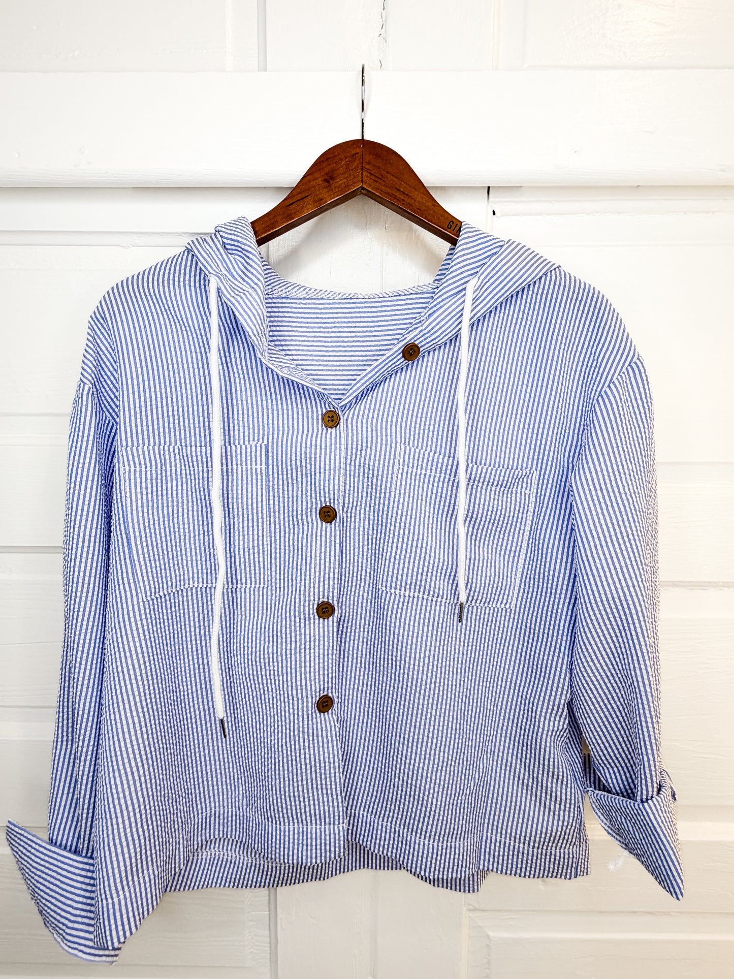 Beach Breeze Seersucker Button Down Hoodie Top