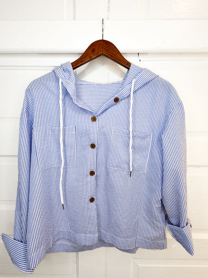 Beach Breeze Seersucker Button Down Hoodie Top