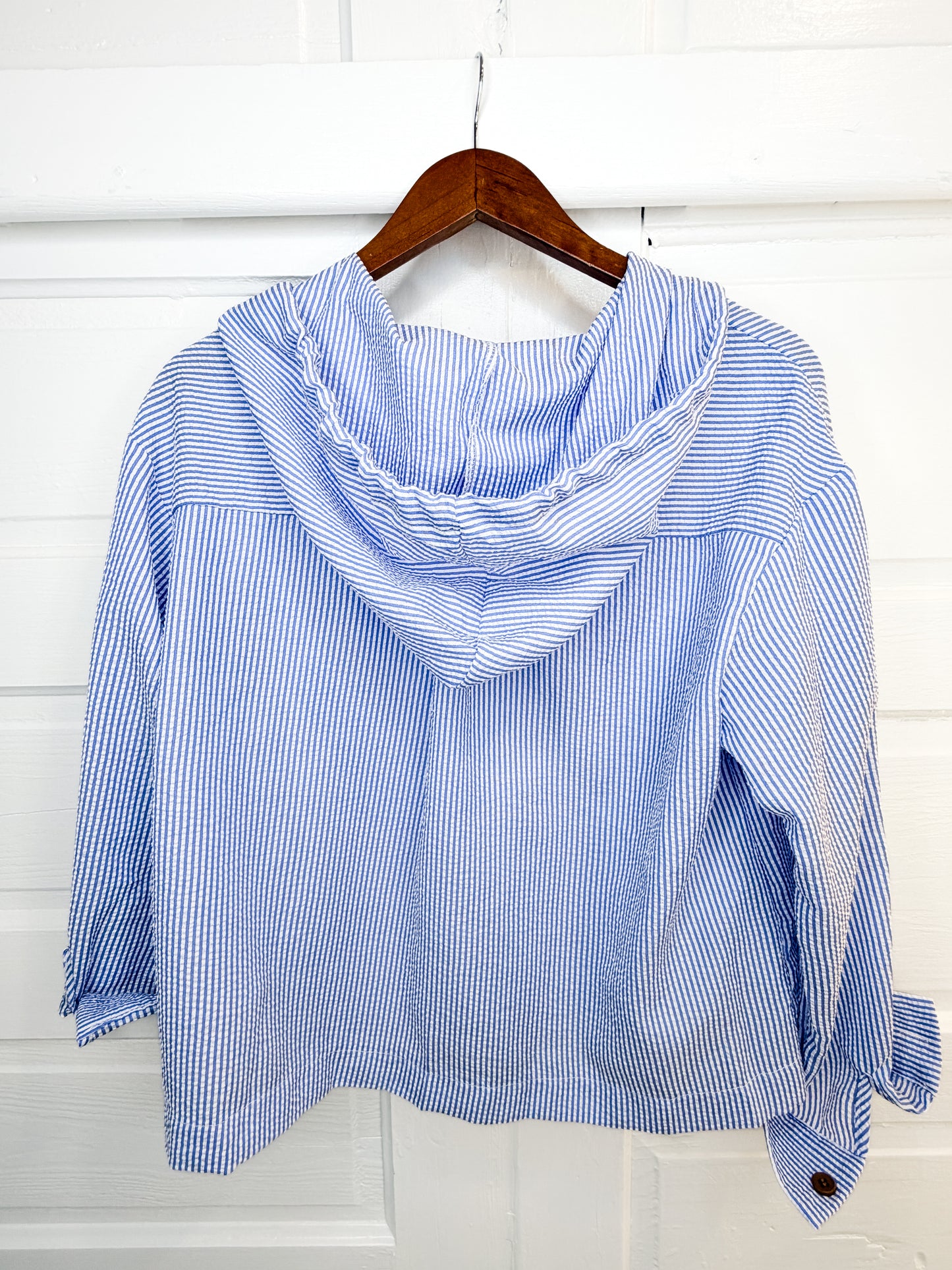 Beach Breeze Seersucker Button Down Hoodie Top