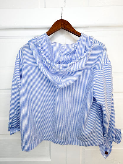 Beach Breeze Seersucker Button Down Hoodie Top