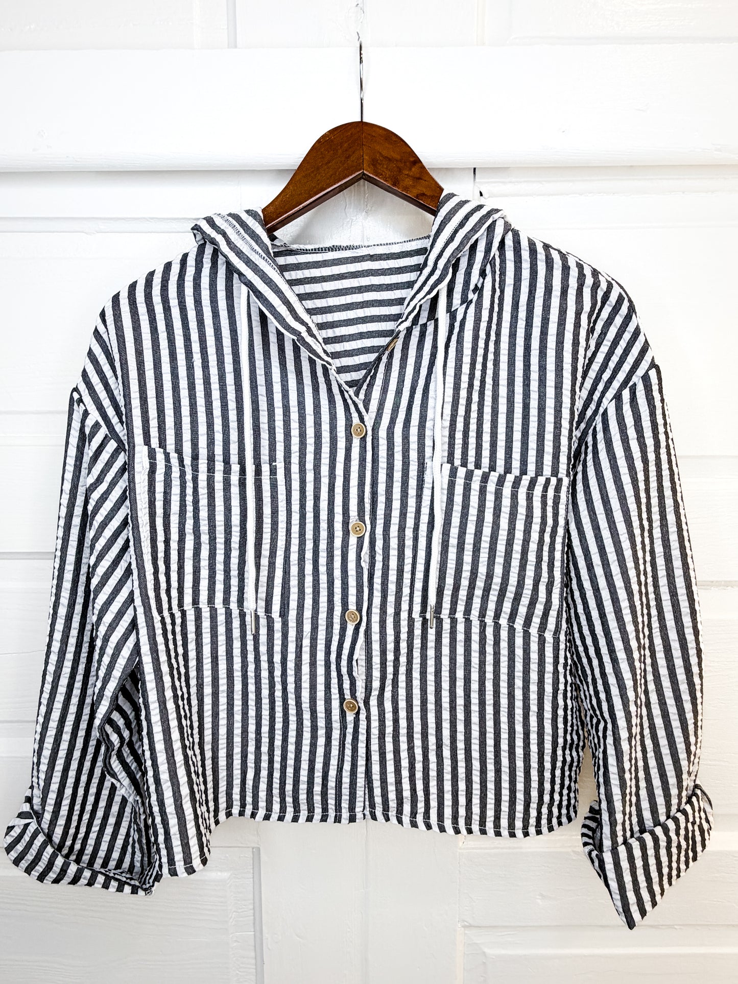 Beach Breeze Seersucker Button Down Hoodie Top