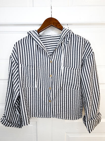 Beach Breeze Seersucker Button Down Hoodie Top