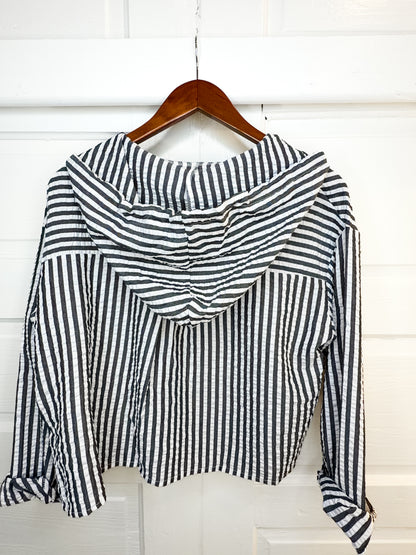 Beach Breeze Seersucker Button Down Hoodie Top