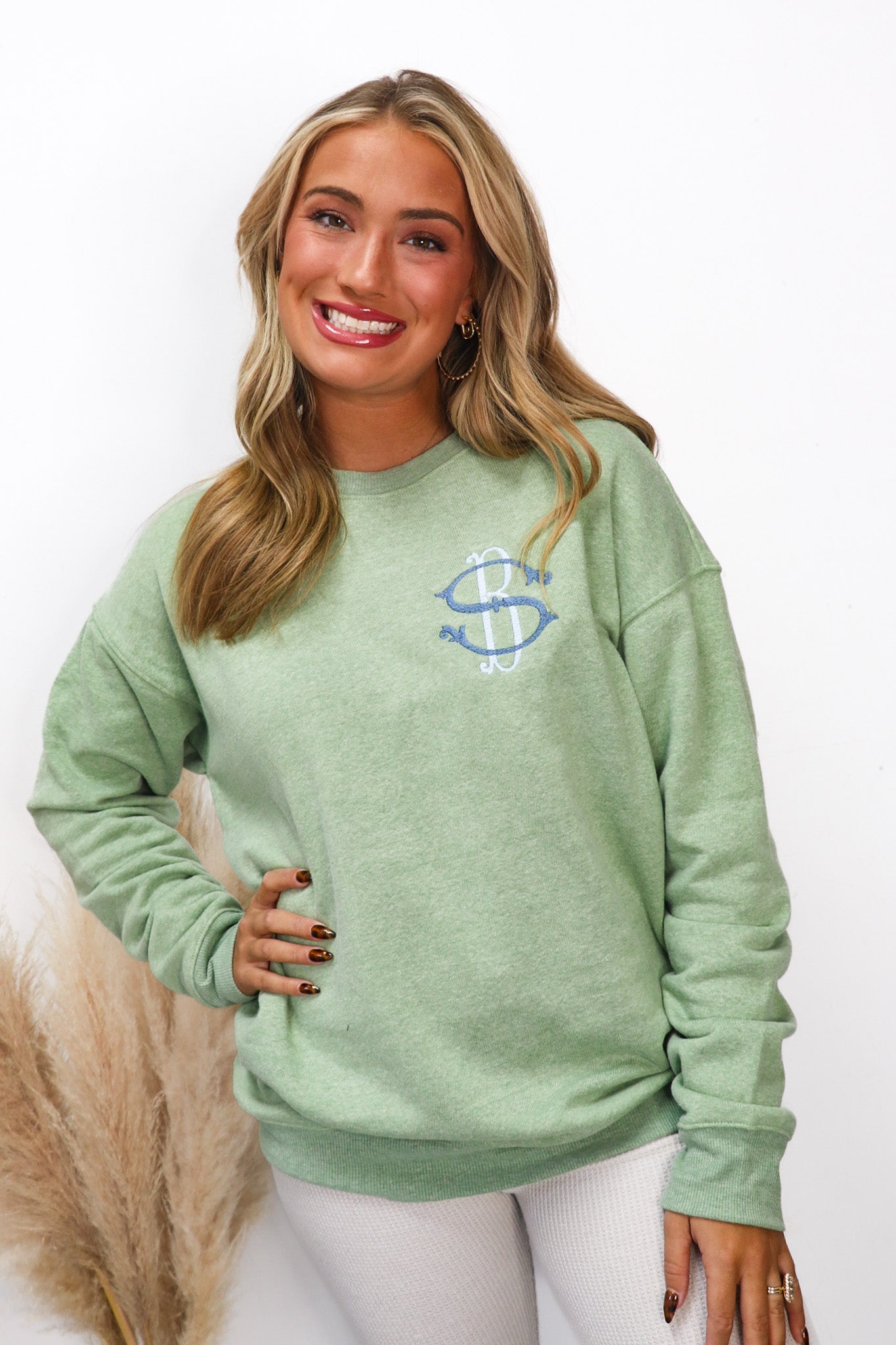 Heather Green Luxe 2 Letter Monogram Sweatshirt