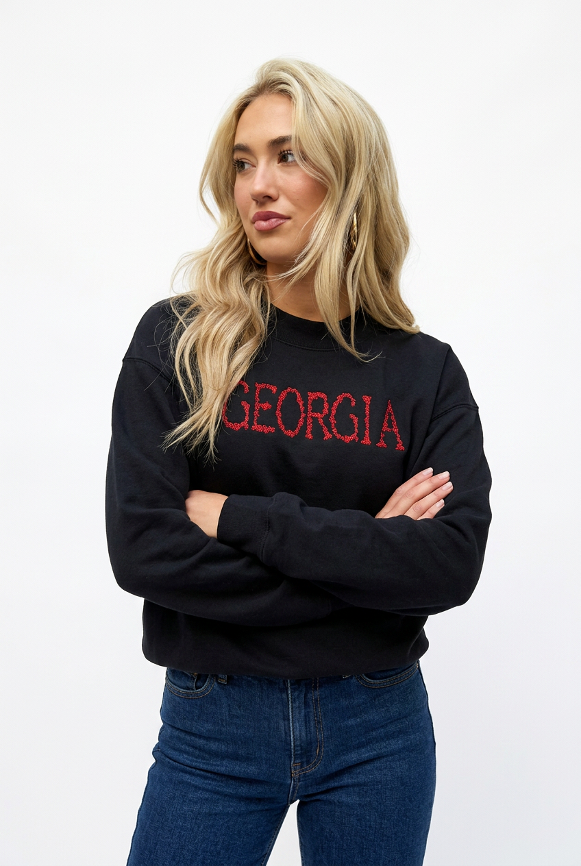 Red Floral Georgia Embroidered Black Mock Neck Sweatshirt