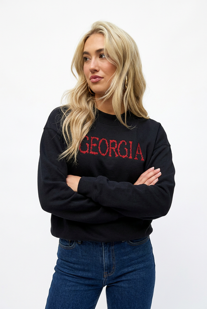 Red Floral Georgia Embroidered Black Mock Neck Sweatshirt