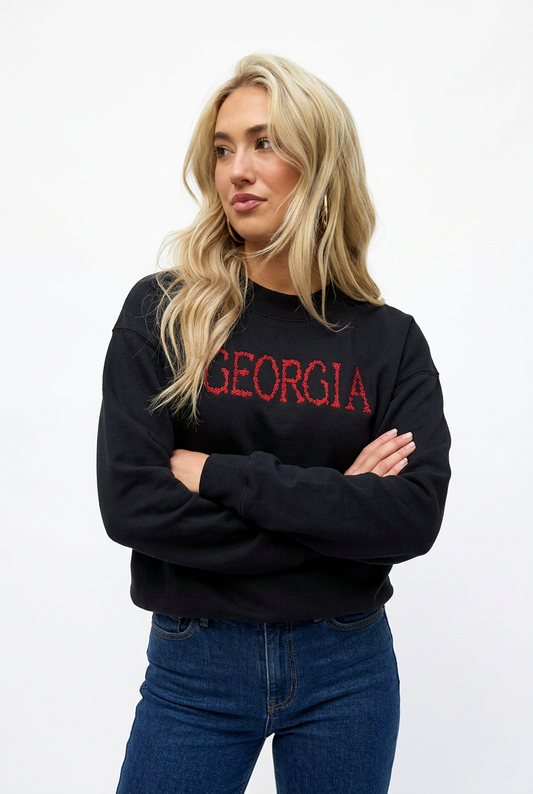 Red Floral Georgia Embroidered Black Mock Neck Sweatshirt