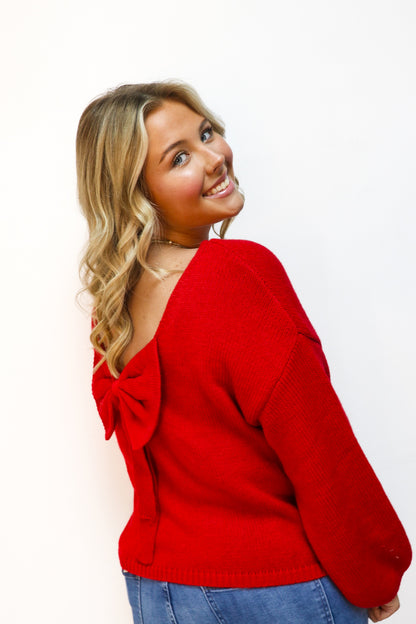 Red Bow Back Balloon Sleeve Sweater