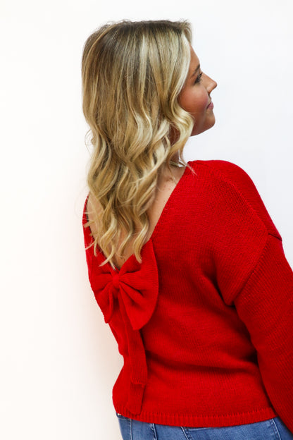 Red Bow Back Balloon Sleeve Sweater