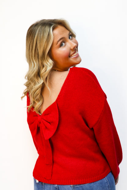Red Bow Back Balloon Sleeve Sweater