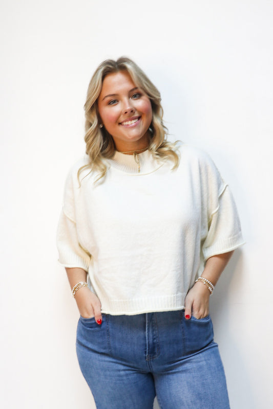 Knit Mock Neck Spring Sweater in Cream