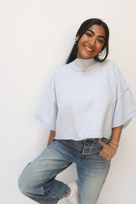 Knit Mock Neck Spring Sweater in Pastel Blue