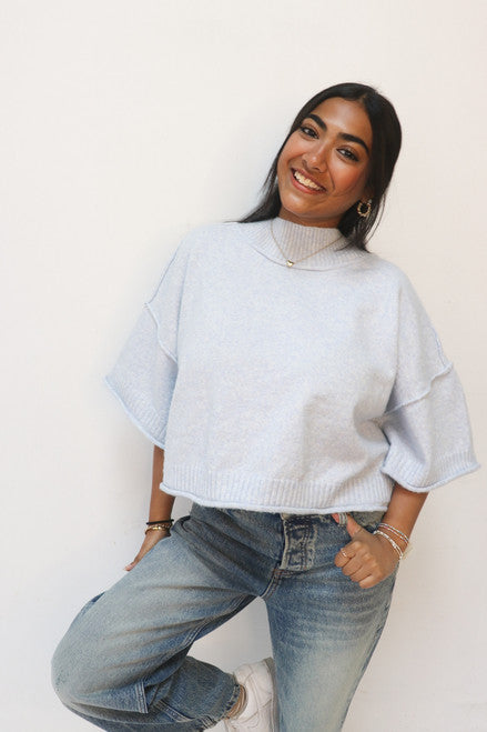 Knit Mock Neck Spring Sweater in Pastel Blue