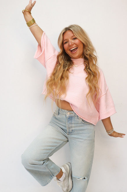 Knit Mock Neck Spring Sweater in Pink Blossom
