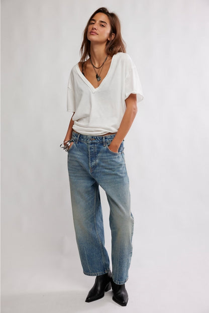 Free People Deep Trance Boyfriend Jeans Barrel Denim in From Beyond