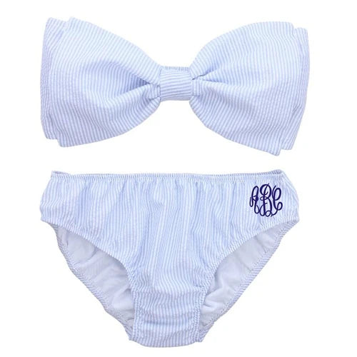 Seersucker Blue Bow Bikini Bottom | No Monogram