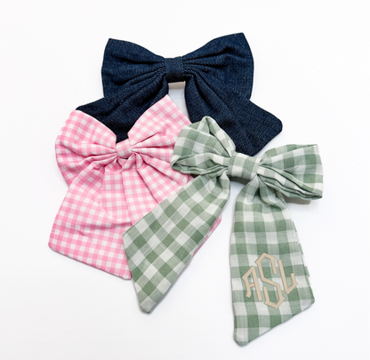 Monogrammed Chambray Denim Hair Bow