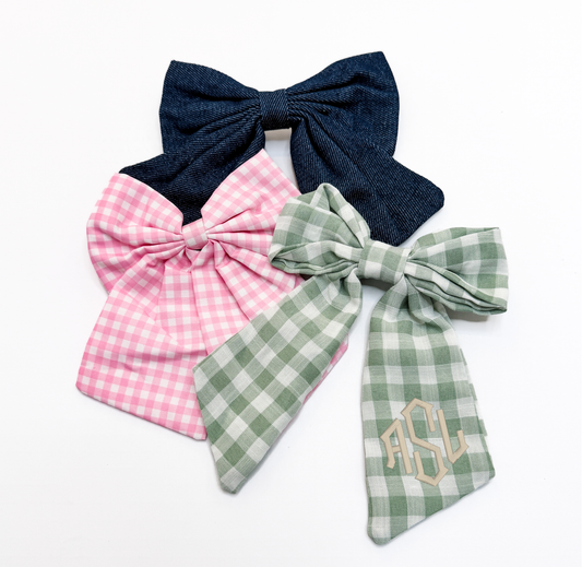 Monogrammed Chambray Denim Hair Bow