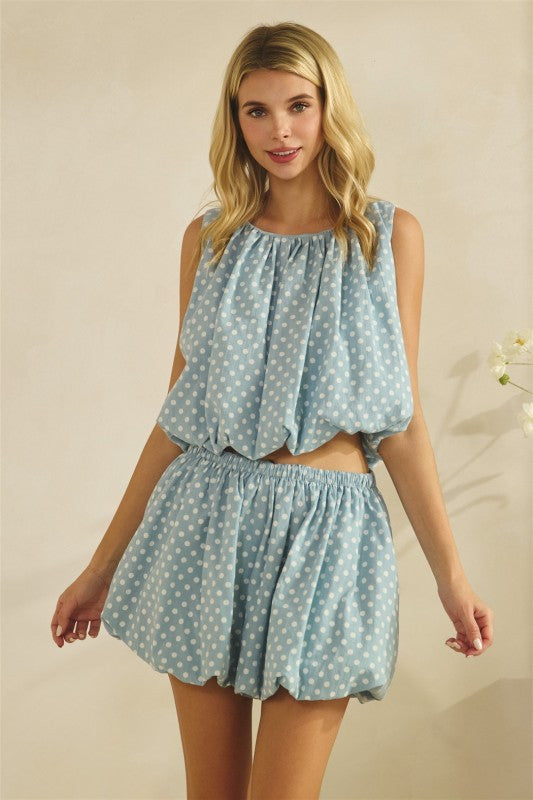 Blue Polka Dot Balloon Top and Skirt Set