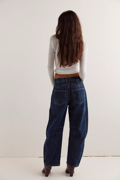 Free People Good Luck Mid-Rise Barrel Jeans in Deep End
