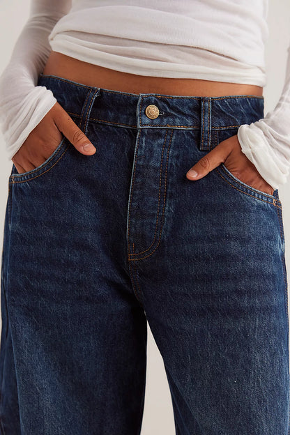 Free People Good Luck Mid-Rise Barrel Jeans in Deep End