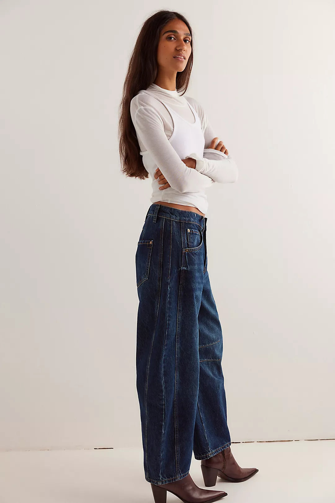 Free People Good Luck Mid-Rise Barrel Jeans in Deep End