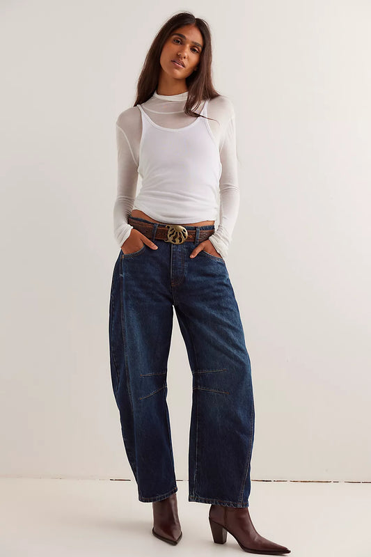 Free People Good Luck Mid-Rise Barrel Jeans in Deep End