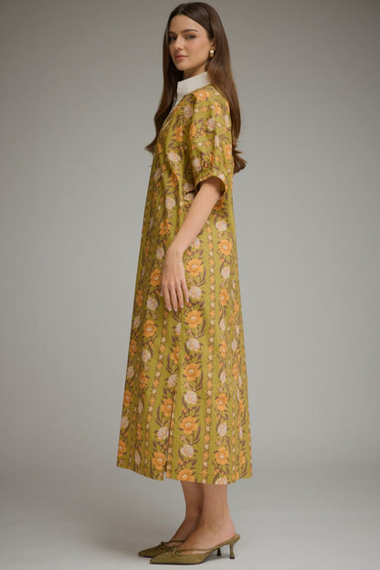 Vintage Floral Olive Midi Dress