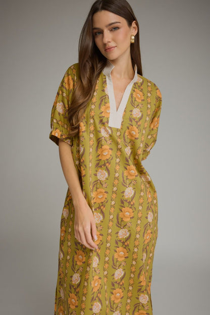 Vintage Floral Olive Midi Dress