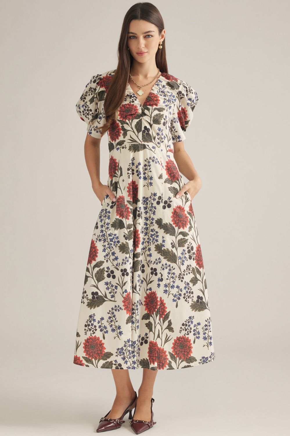 Blooming Ecru Midi Dress