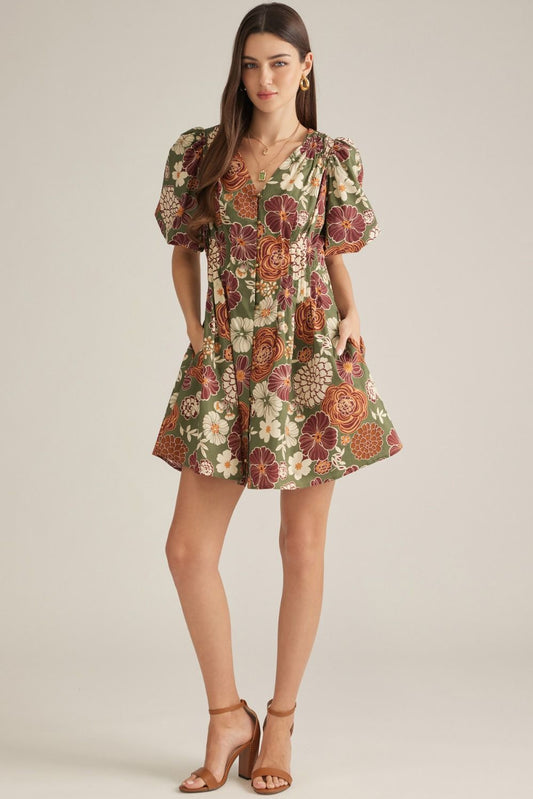 Olive and Rust Floral Mini Dress