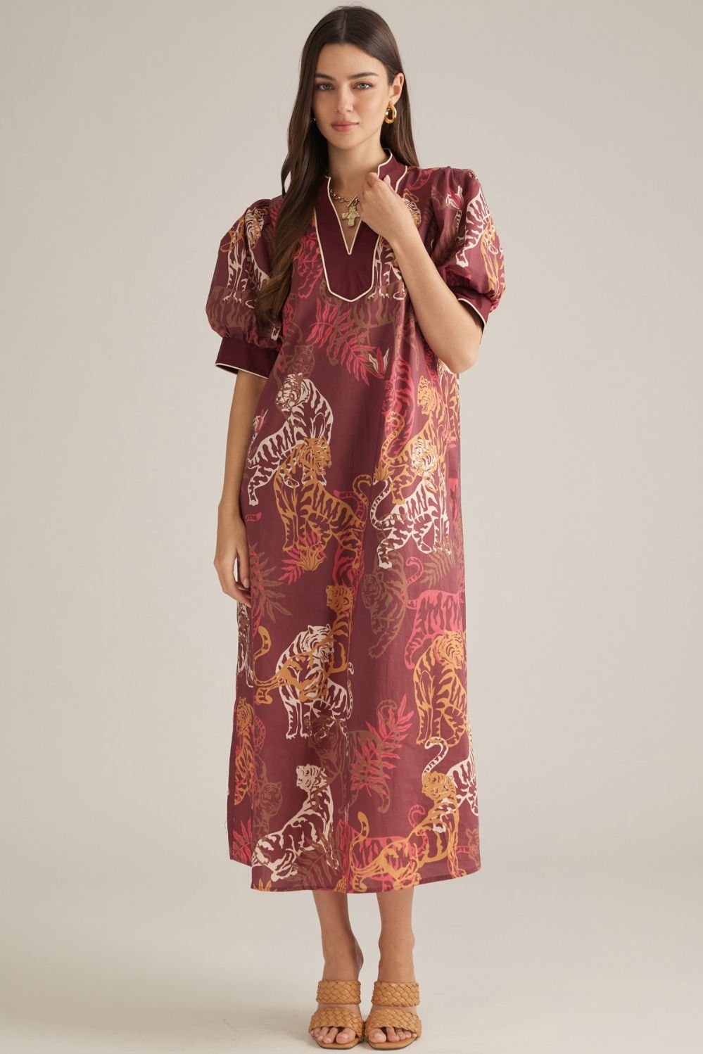 Tiger Print Burgundy Puff Sleeve Dress