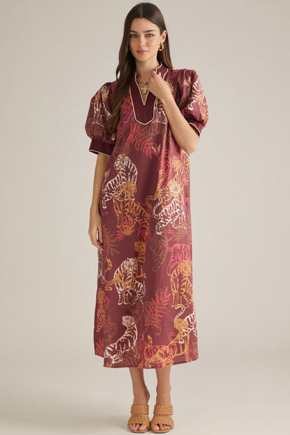 Tiger Print Burgundy Puff Sleeve Dress