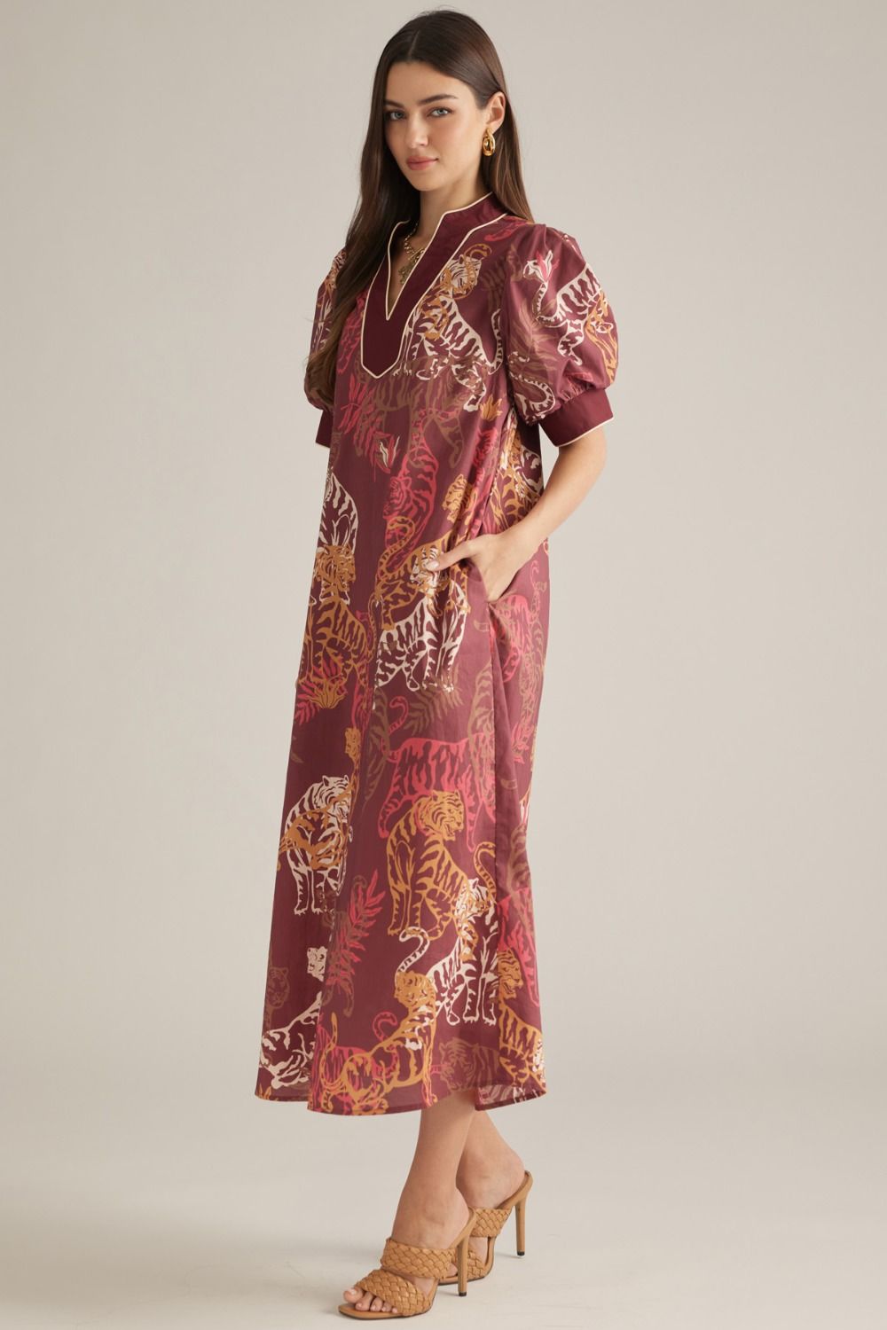 Tiger Print Burgundy Puff Sleeve Dress