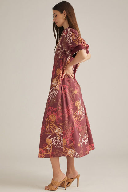 Tiger Print Burgundy Puff Sleeve Dress