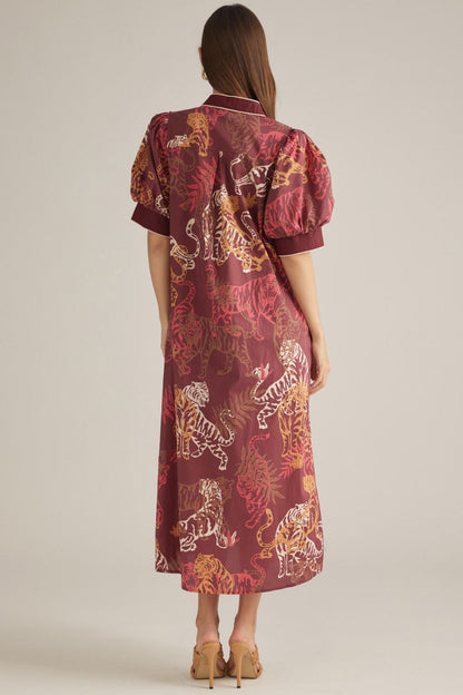 Tiger Print Burgundy Puff Sleeve Dress