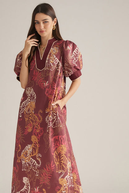 Tiger Print Burgundy Puff Sleeve Dress