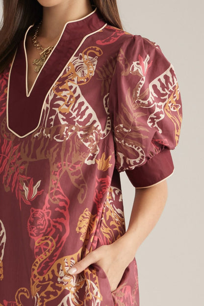 Tiger Print Burgundy Puff Sleeve Dress