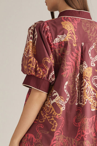 Tiger Print Burgundy Puff Sleeve Dress