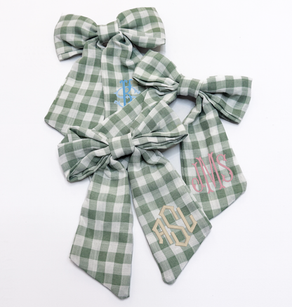 Monogrammed Sage Green Gingham Hair Bow