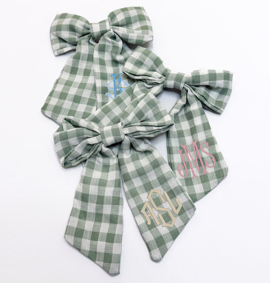 Monogrammed Sage Green Gingham Hair Bow