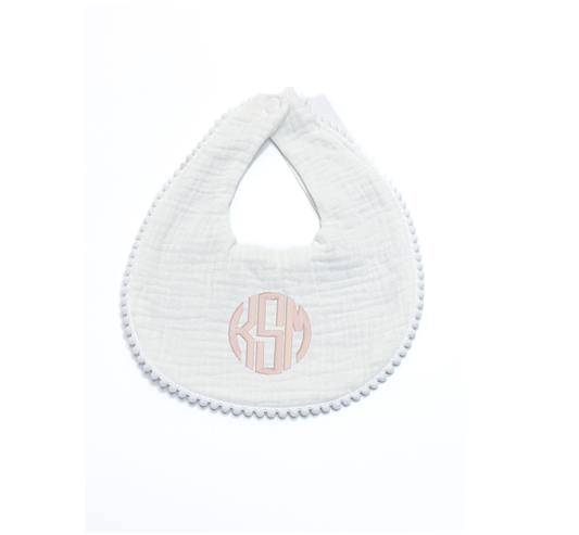 Monogrammed Vanilla White Pom Baby Bib