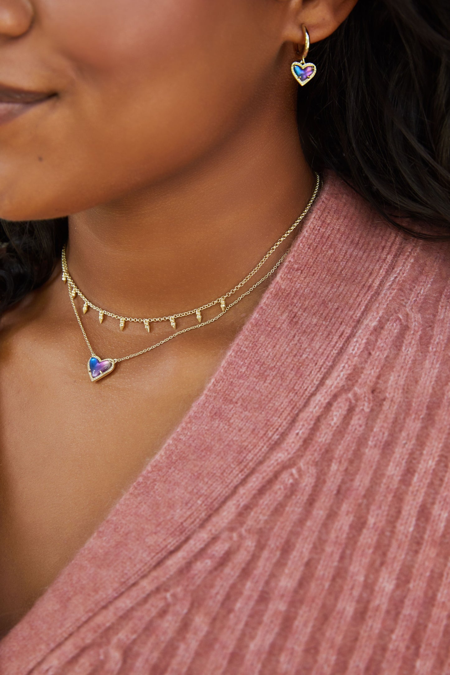 Kendra Scott Ari Heart Gold Short Pendant Necklace in Rose Quartz